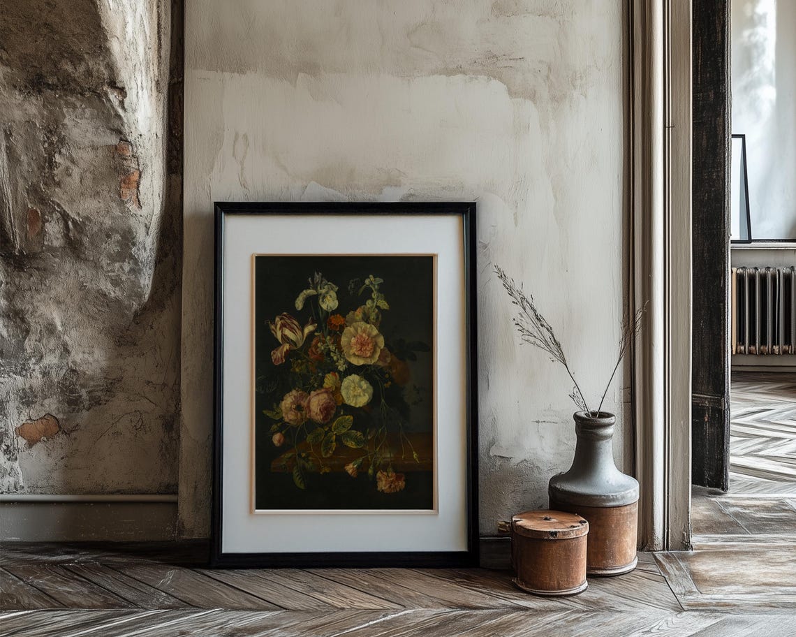 Striped Tulips Iris and Peonies Dark Floral Bouquet Painting Poster - Image 3