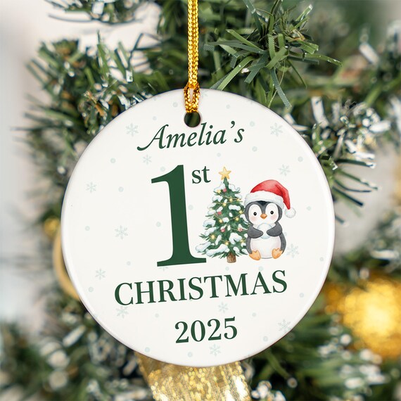 Personalized Baby First Christmas 2025 Penguin Tree Name Ornament Holiday Print