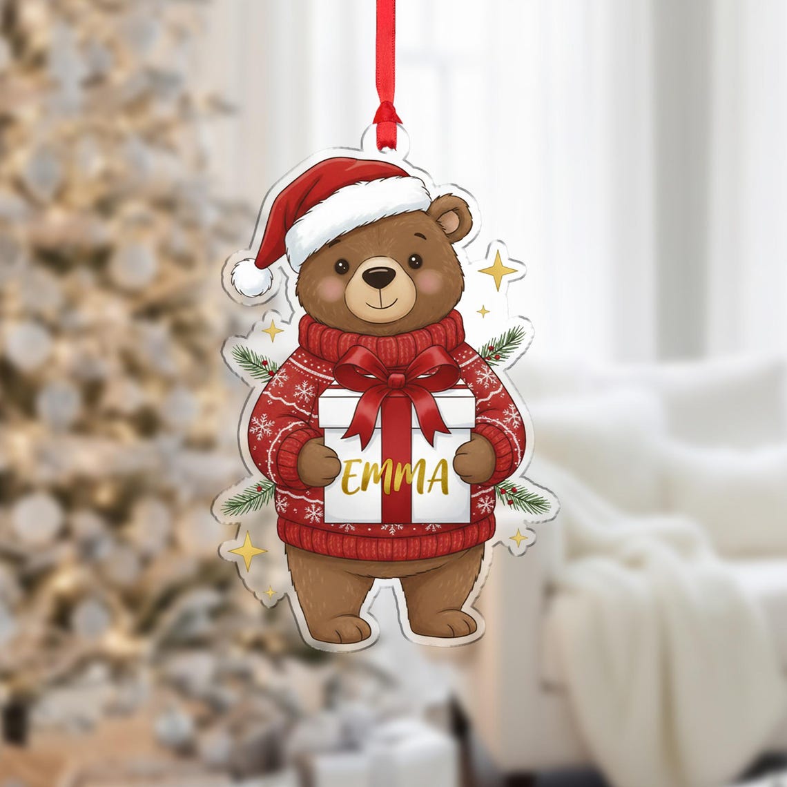 Personalized Emma Bear Sweater Gift Box Christmas Ornament Poster