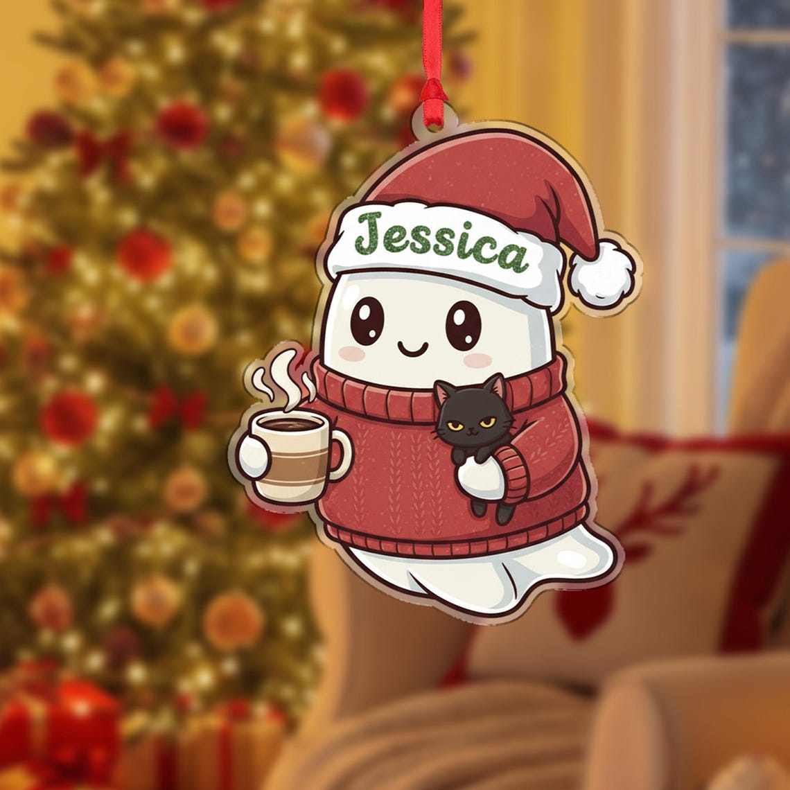 Personalized Ghost Cat Coffee Christmas Ornament Custom Name Poster