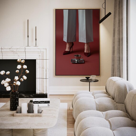 Red Heels And Coffee Cup Elegant Fashion Minimalist Burgundy Poster