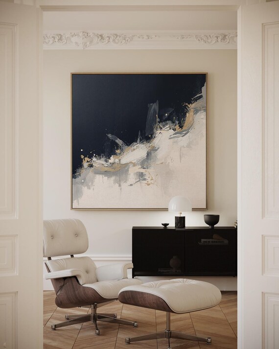 Expressive Brushstrokes In Dark Blue Beige And Gold On A Light Background Artwork Wall Art