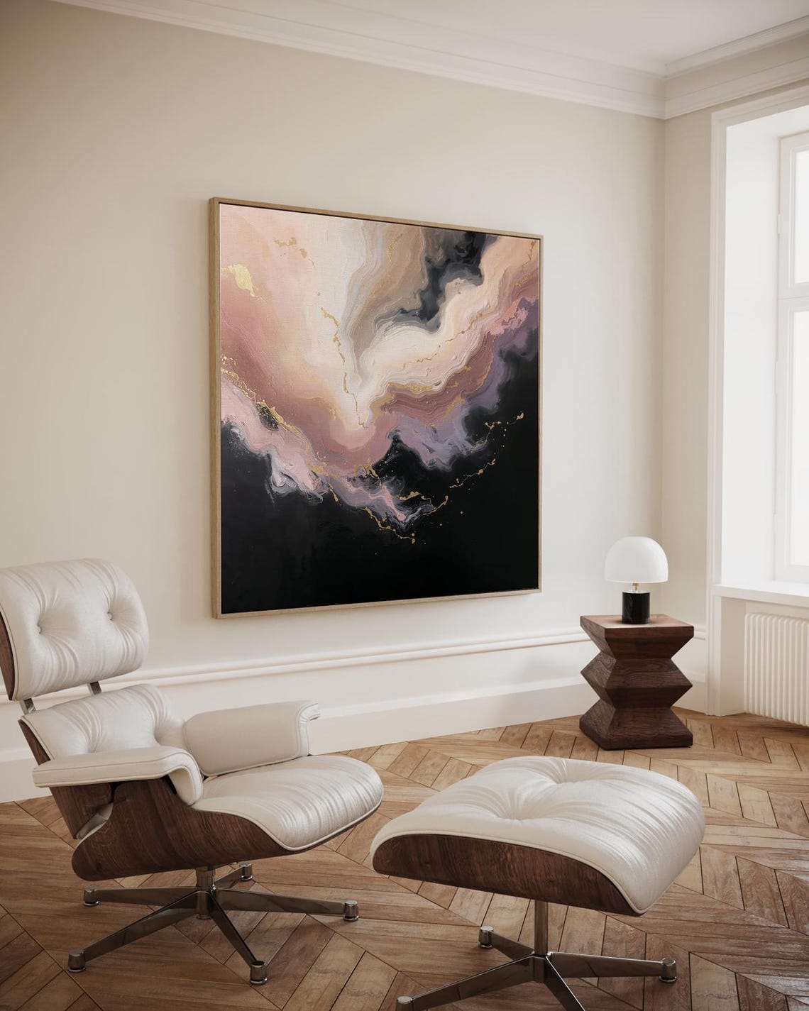 Abstract Marble Texture in Pink Beige and Gold on Black Art Print