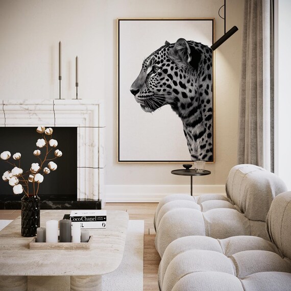Striking Leopard Profile Monochrome Wildlife Photography Poster