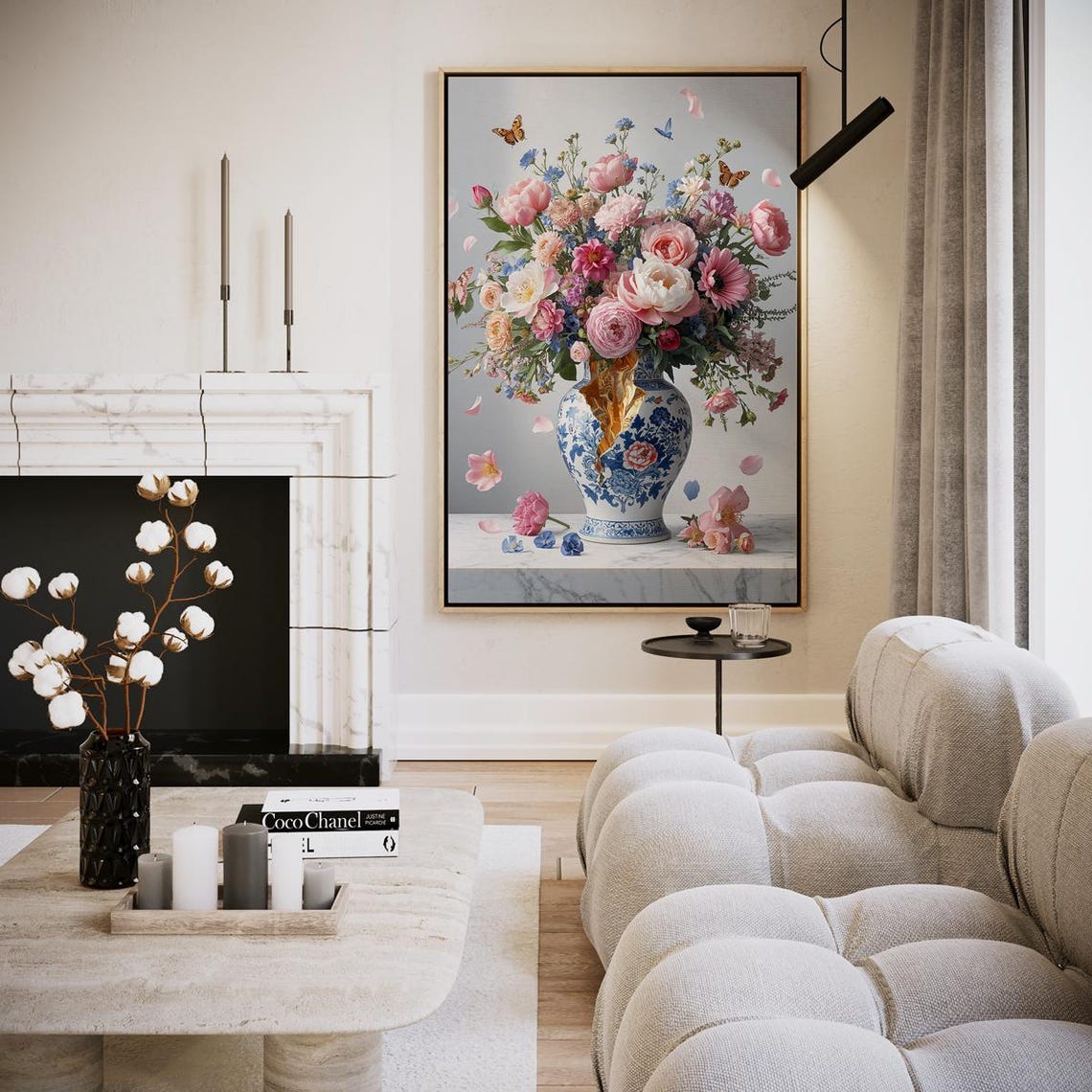 Porcelain Vase Peonies Roses Butterflies Elegant Floral Art Poster