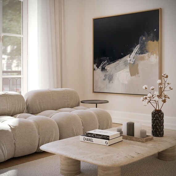 Composition With Dark Blue Beige And White Paint Texture Gold Accents Artwork Wall Art