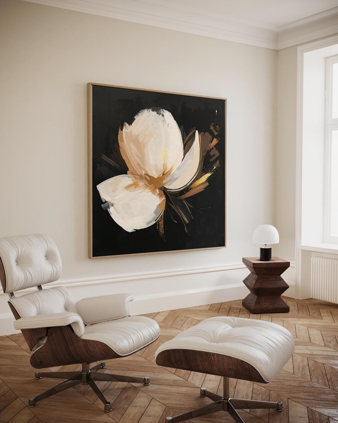 Abstract Flower Shape In Beige On Black Background With Expressive Brushstrokes Artwork Wall Art
