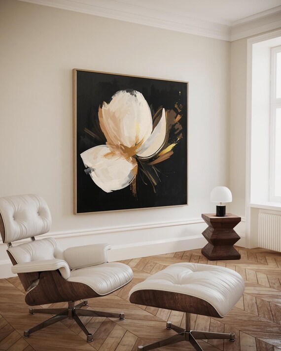 Abstract Flower Shape In Beige On Black Background With Expressive Brushstrokes Artwork Wall Art