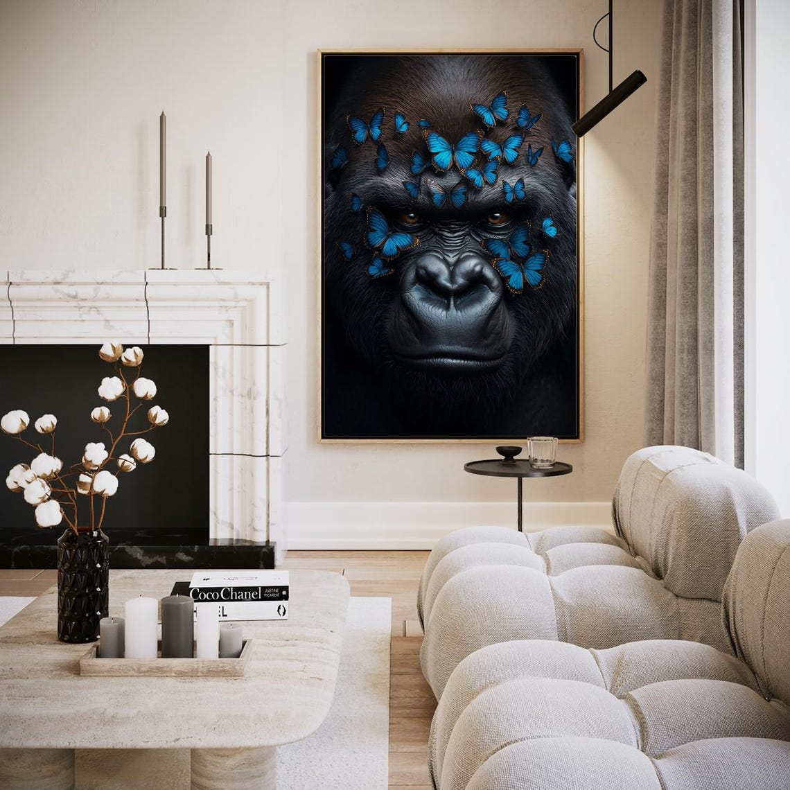 Gorilla Face With Blue Butterflies Powerful Wildlife Art Print
