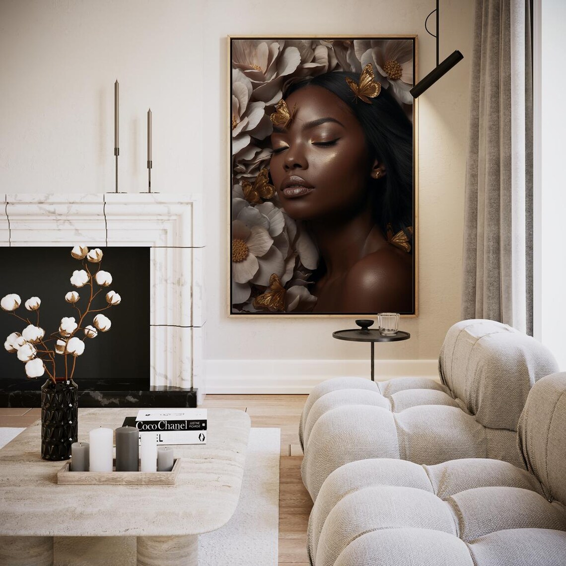 Dreamy Golden Butterfly Woman Portrait Cream Flowers Art Poster