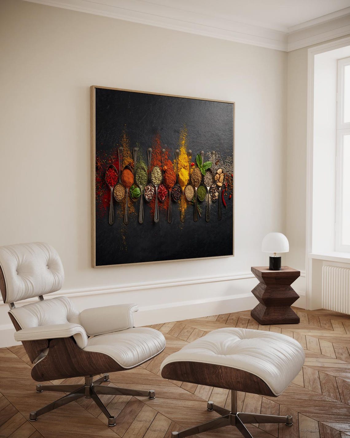 Rainbow Spices Exploding from Spoons on Black Kitchen Wall Poster