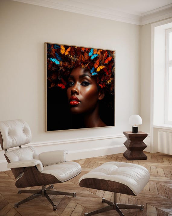 Portrait Of Woman With Orange And Blue Butterflies In Her Hair On Dark Background Artwork Wall Art