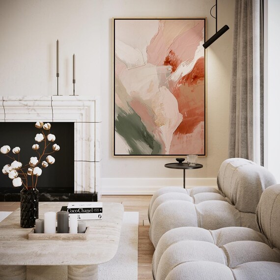 Soft Blush Pink and Sage Green Abstract Brushstrokes Wall Art
