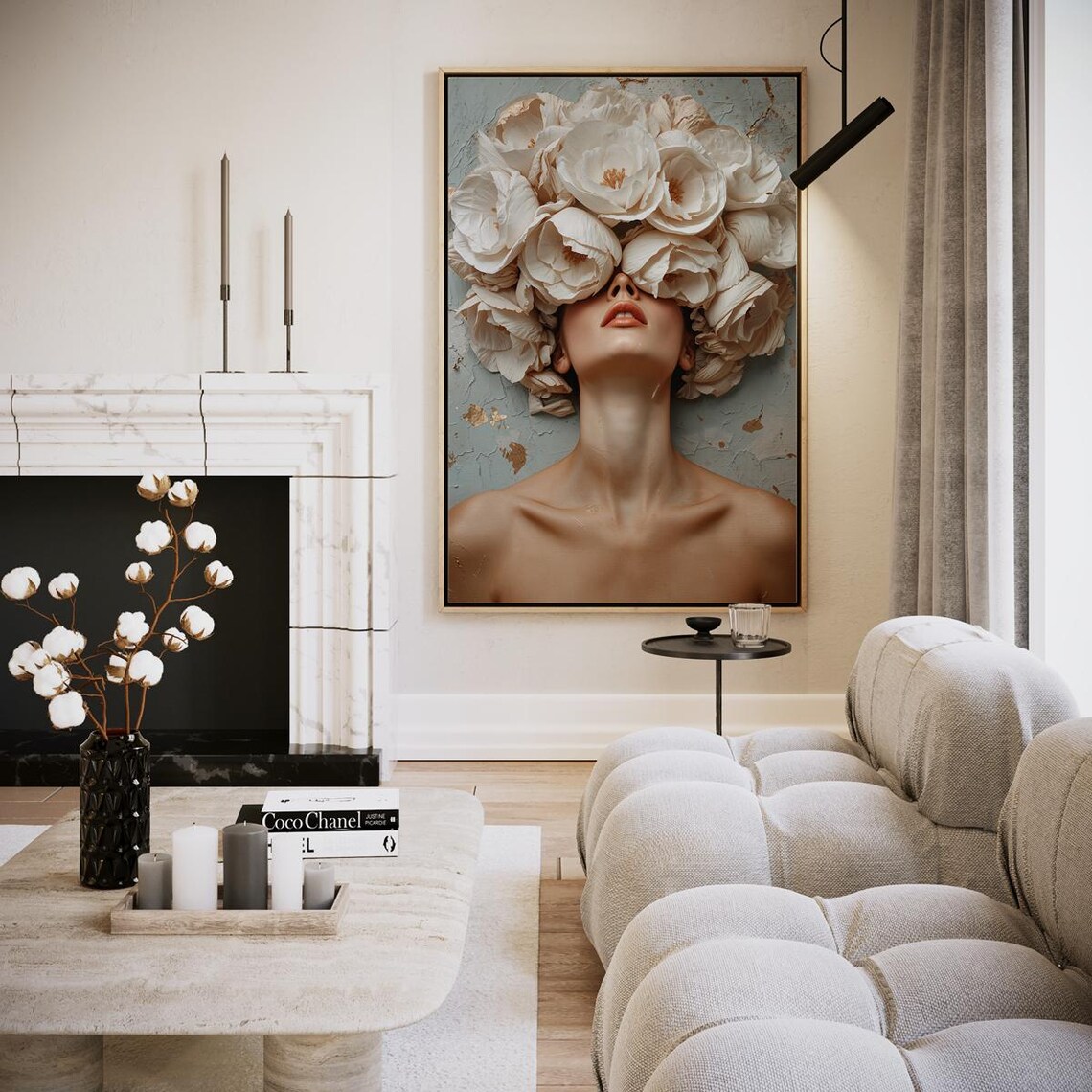 Woman White Flower Headdress Blue Background Gold Leaf Art Poster