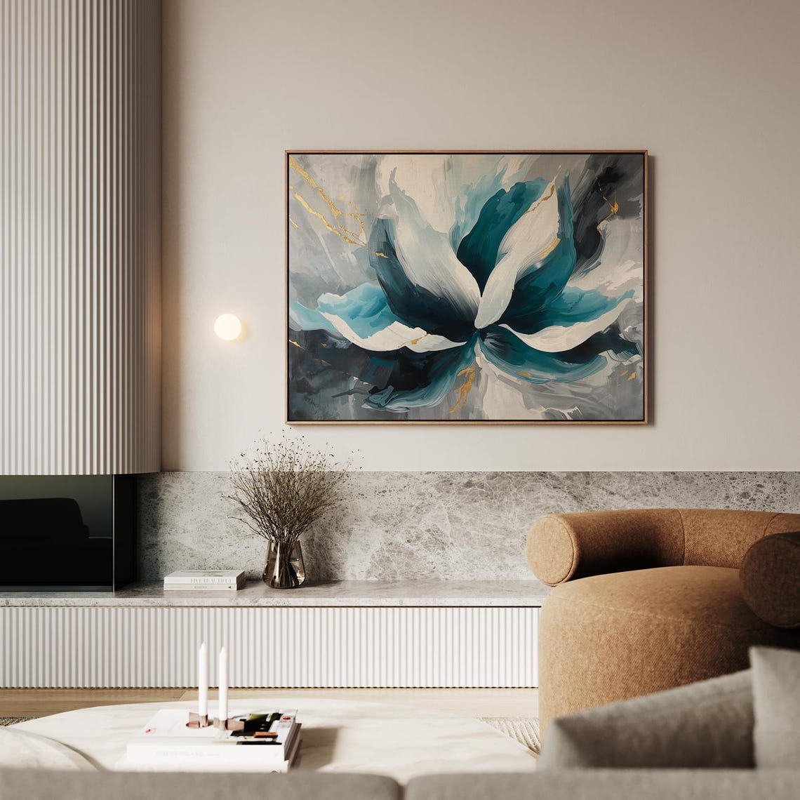 Teal Navy Abstract Botanical Print Gold Vein Modern Wall Decor Art