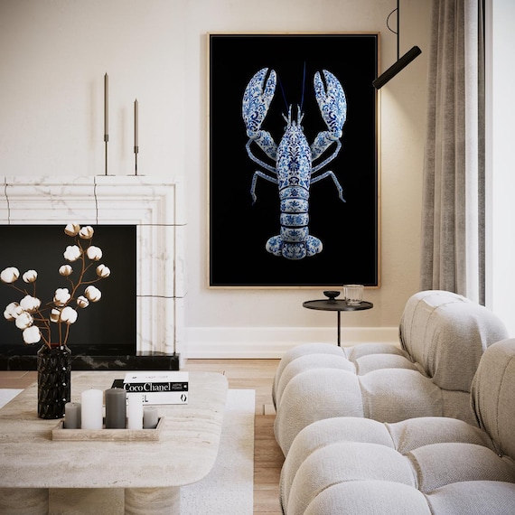 Porcelain Lobster with Delft Blue Patterns on Black Art Print