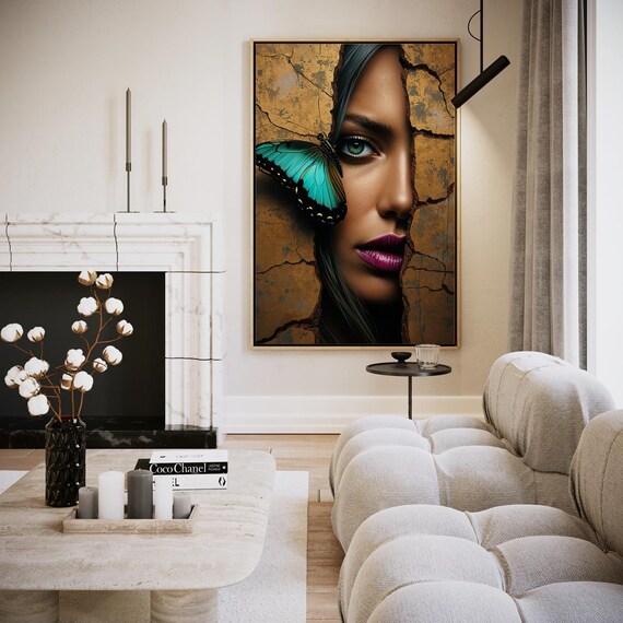 Emerald Butterfly Woman Face Gold Cracked Wall Beauty Portrait Print