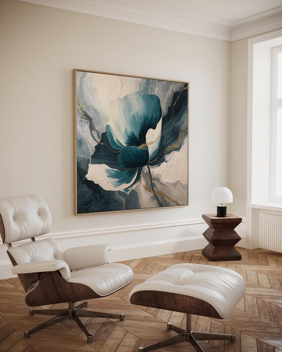 Large Abstract Floral Composition In Deep Blue And Beige With Gold Accents Art Print