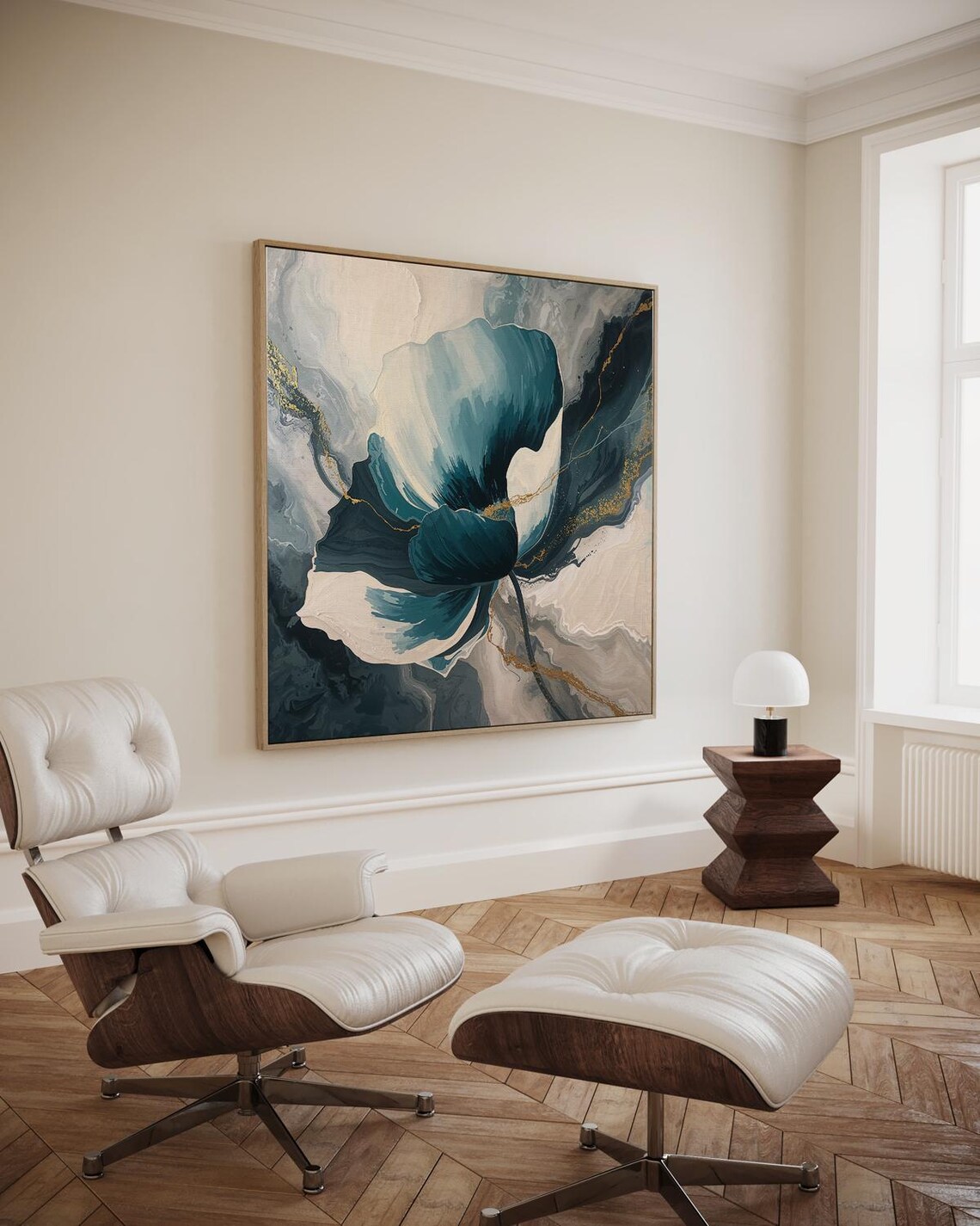 Large Abstract Floral Composition In Deep Blue And Beige With Gold Accents Art Print