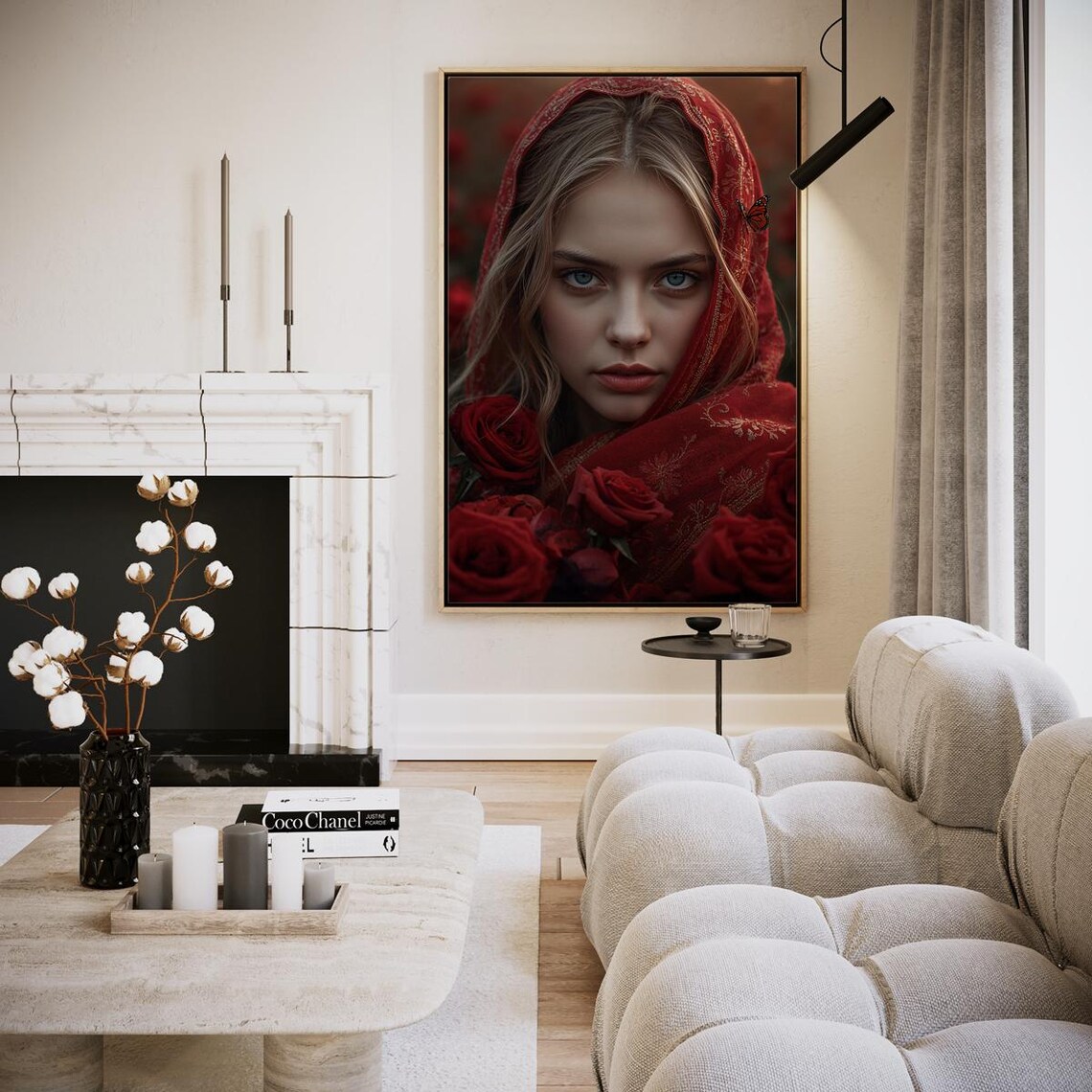 Woman in Red Headscarf Among Red Roses Mystery Portrait Wall Art