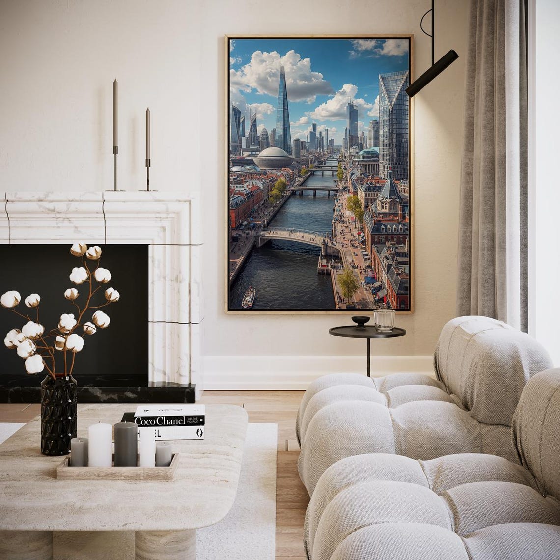 Futuristic Riverside City Skyline with Glass Towers Wall Art