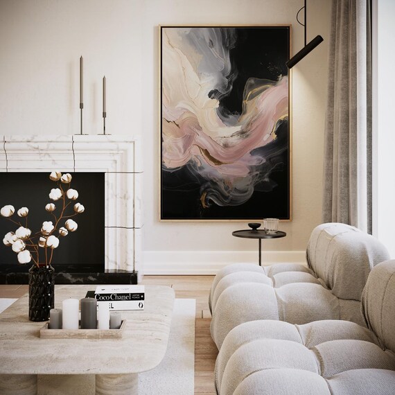 Dreamy Pastel Pink and Cream Swirls on Black Canvas Wall Art
