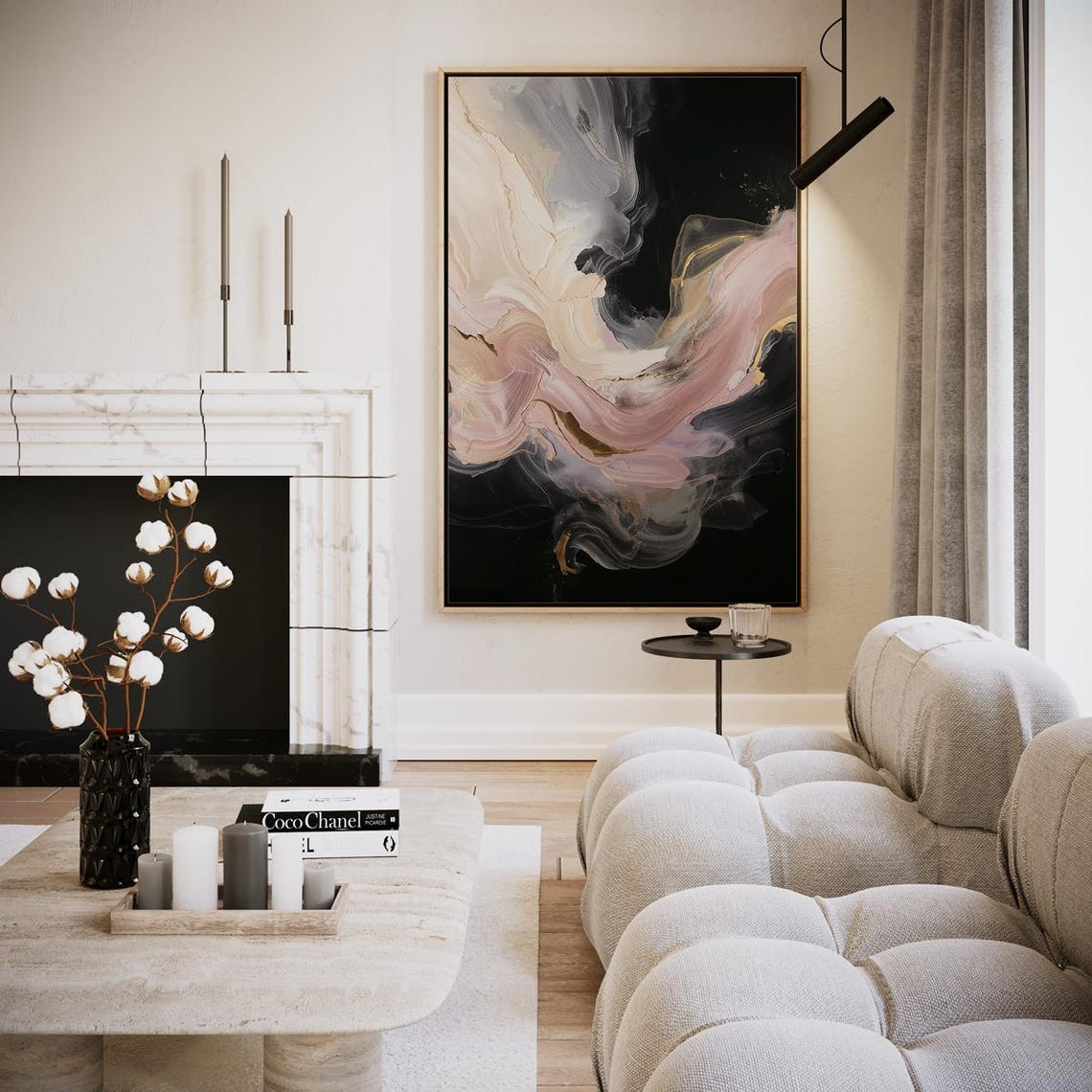 Dreamy Pastel Pink and Cream Swirls on Black Canvas Wall Art