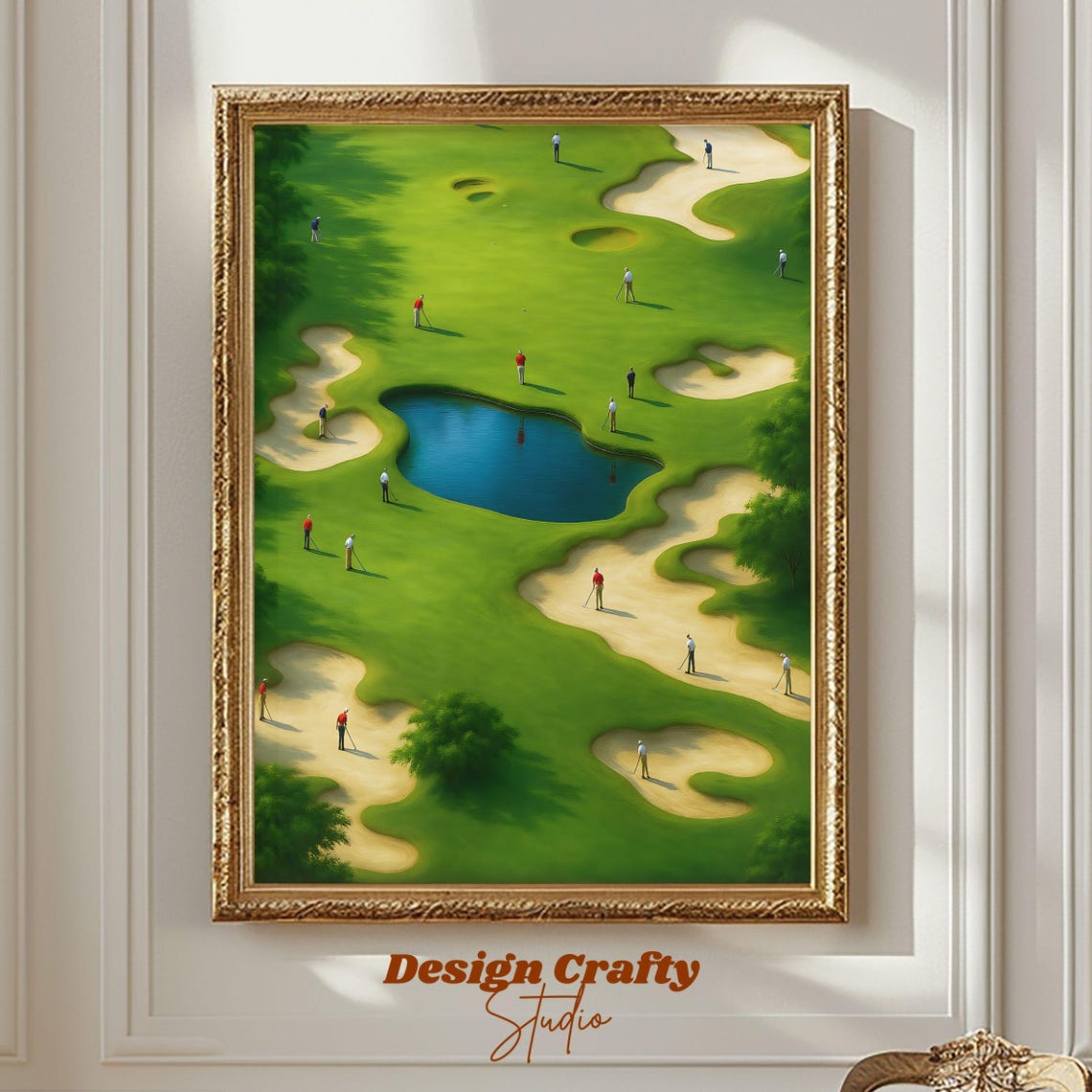 Tiny Golfers Aerial Golf Course Fairway Sand Traps Pond Poster