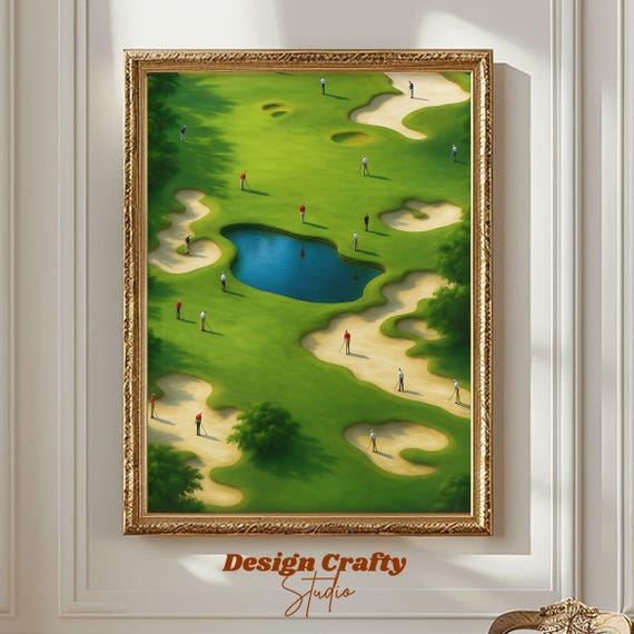 Tiny Golfers Art Print Minimalist Golf Wall Decor Vintage Green Abstract Sports Artwork Playful Gift