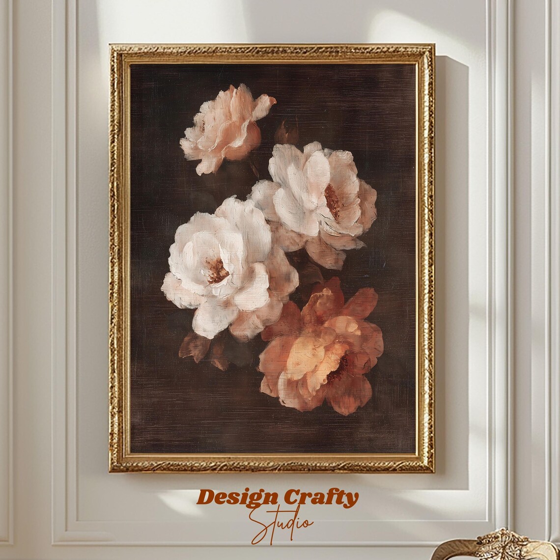 Dark Moody Blush Rose Still Life Vintage Oil Painting Botanical Poster