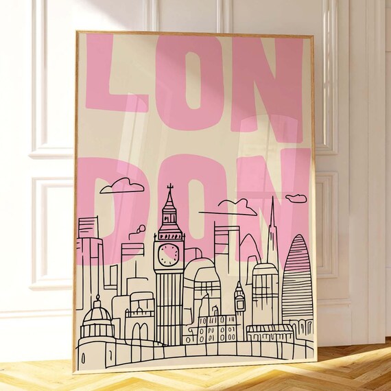 London Pink Bold Lettering Skyline Line Art City Souvenir Poster
