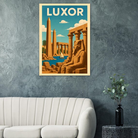 Luxor Egypt Travel Poster Vintage Nile Temples Palm Wall Art Print