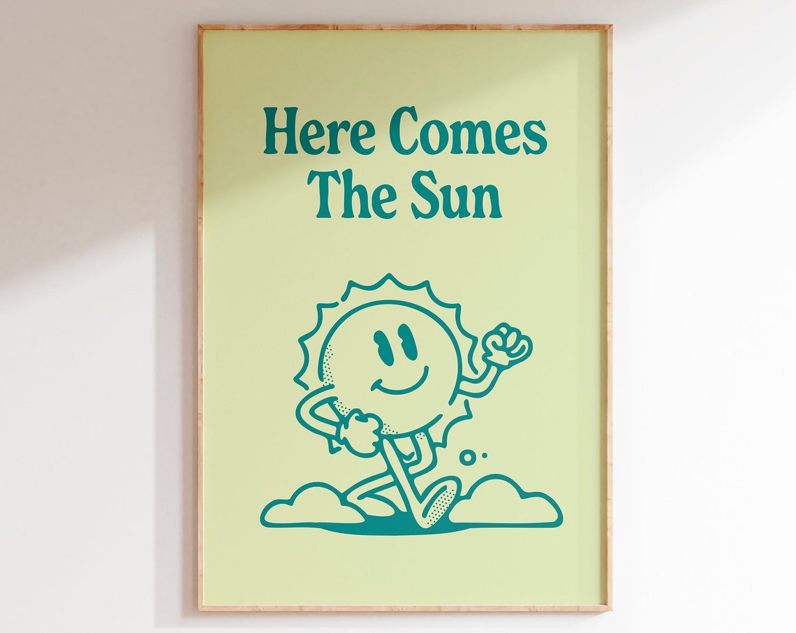 Here Comes The Sun Teal Retro Sun Mascot Lime Quote Wall Art