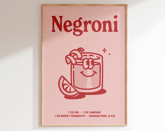 Negroni Cocktail Recipe Red Line Art Kitchen Bar Cart Poster