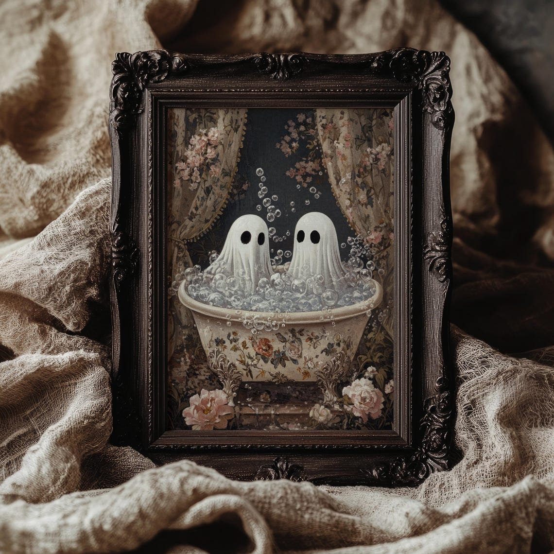 Two Cute Ghosts Bubble Bath Vintage Halloween Moody Art Print