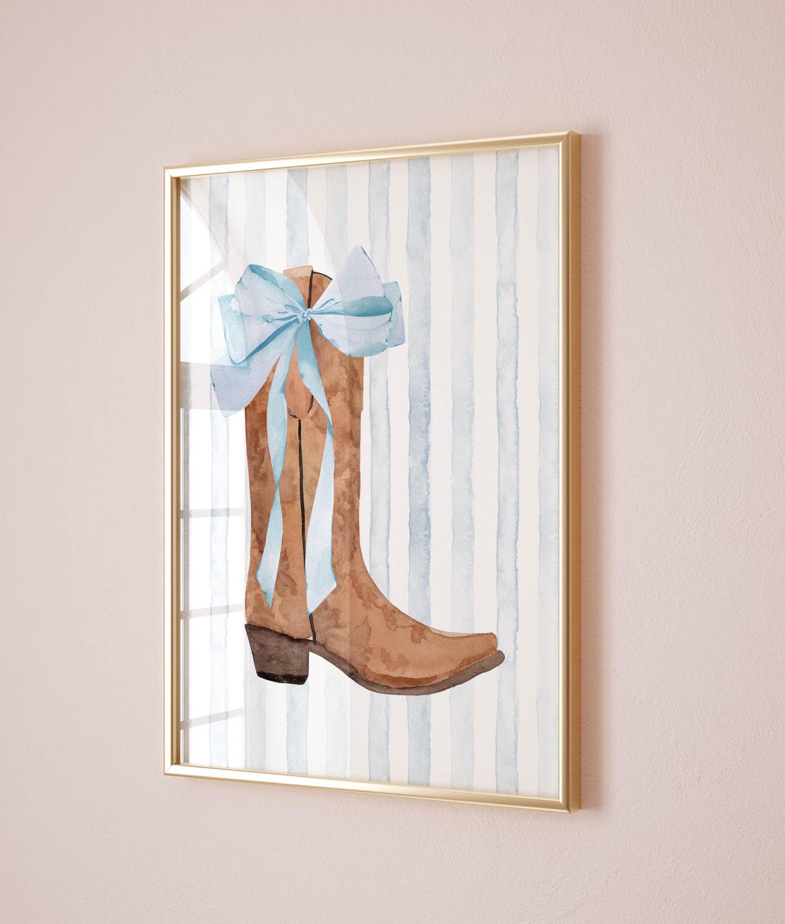 Single Tan Cowboy Boot With Light Blue Bow Striped Western Wall Art - Image 2