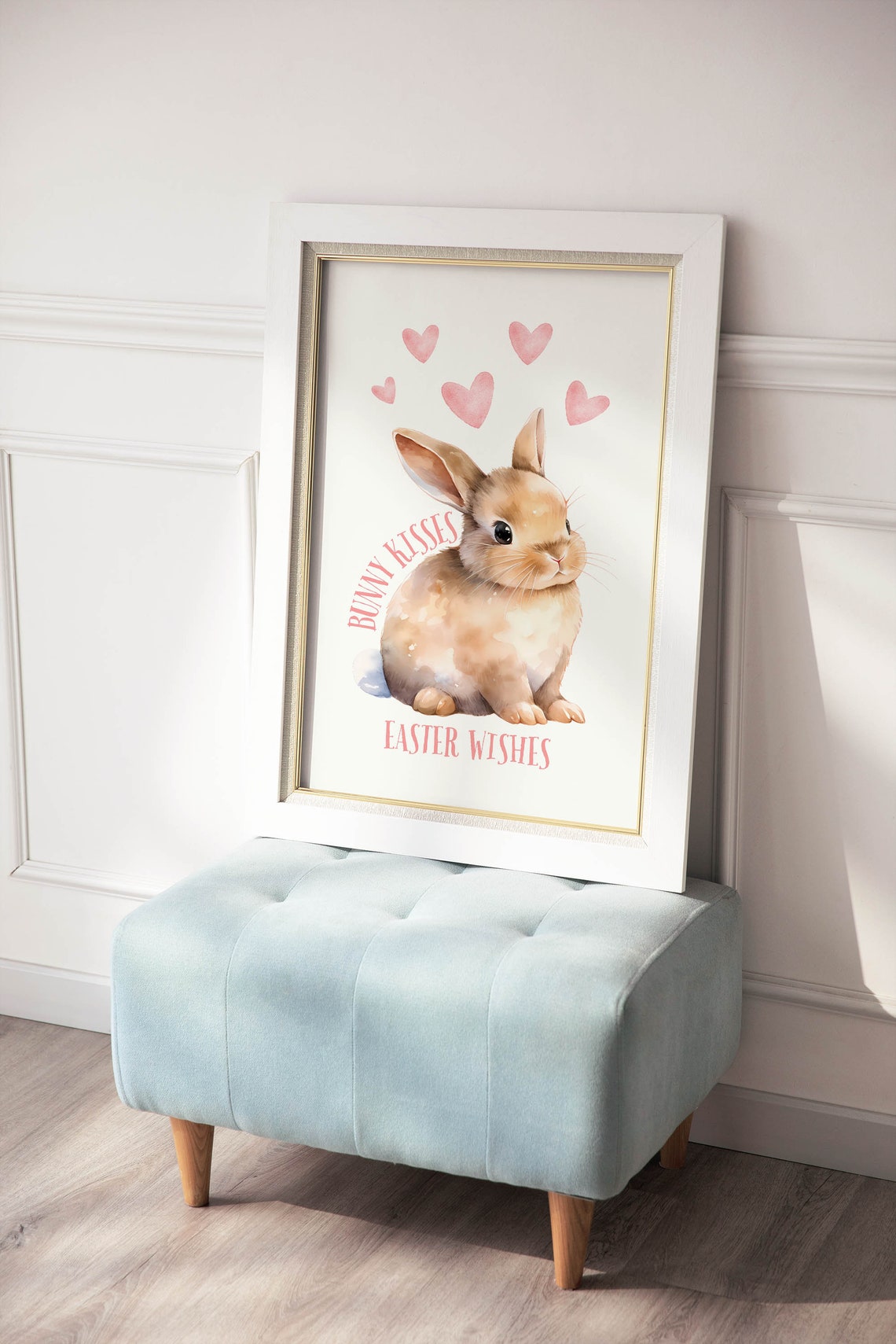 Bunny Kisses Easter Wishes Watercolor Baby Rabbit Art Poster - Image 2