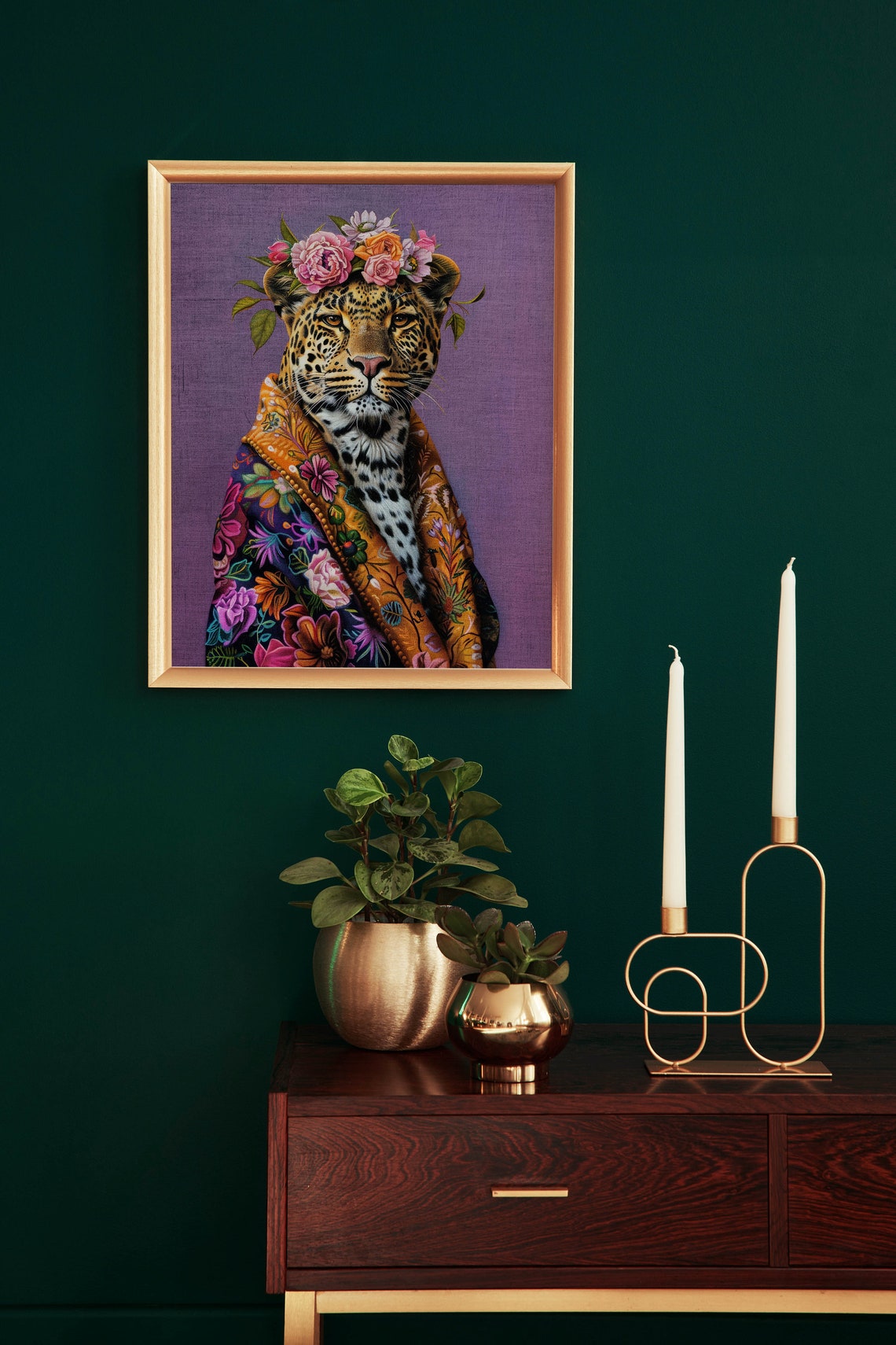 Leopard Flower Crown Colorful Robe Purple Maximalist Animal Art Poster - Image 2