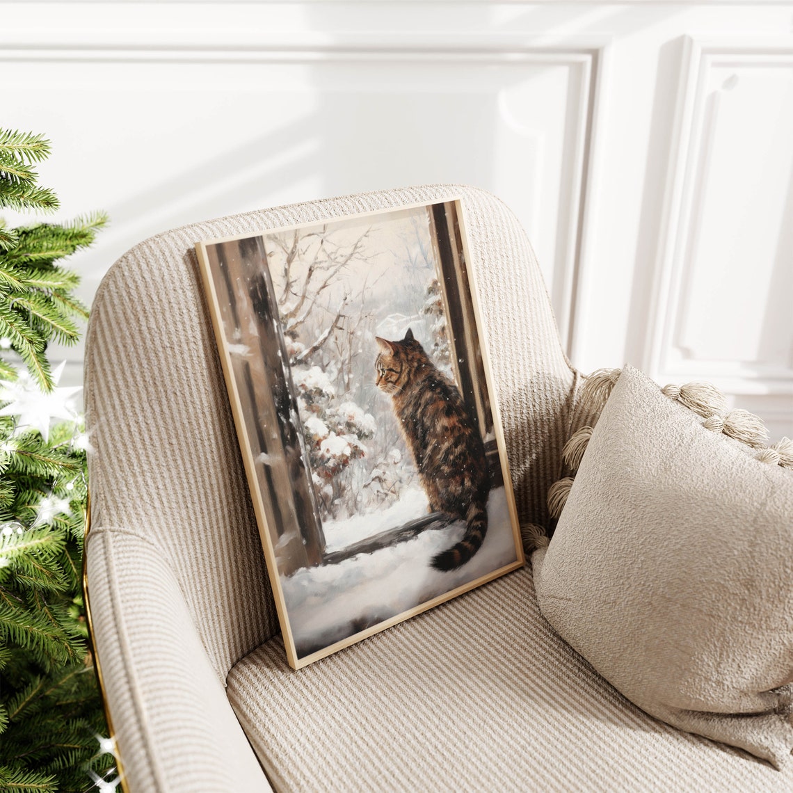 Tabby Cat Watching Snow Through Window Winter Farmhouse Cozy Art Print - Image 2