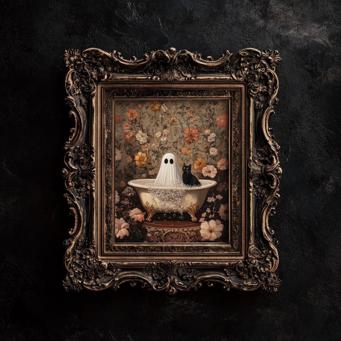 Cute Ghost And Black Cat Bubble Bath Floral Halloween Poster - Image 2