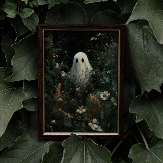 Cute Ghost Among Dark Wildflowers Moody Cottagecore Halloween Art Print