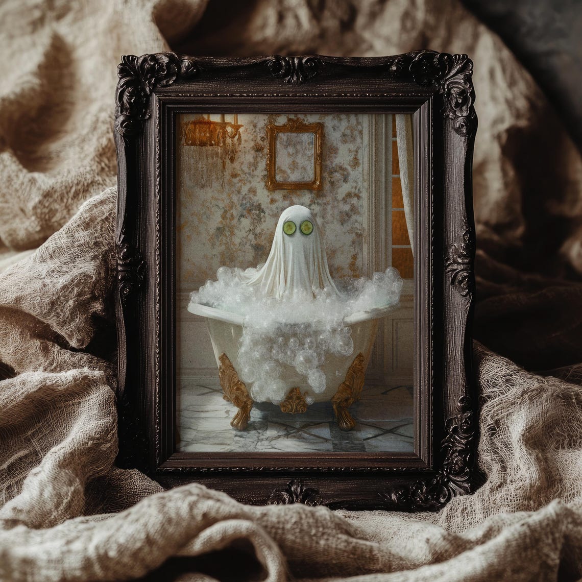 Cute Ghost Spa Day Bubble Bath Cucumber Eyes Gothic Halloween Poster - Image 2