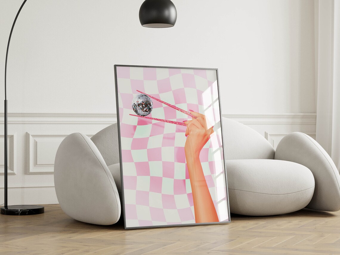 Disco Ball Chopsticks Pink Checkerboard Fun Y2K Party Art Poster - Image 2