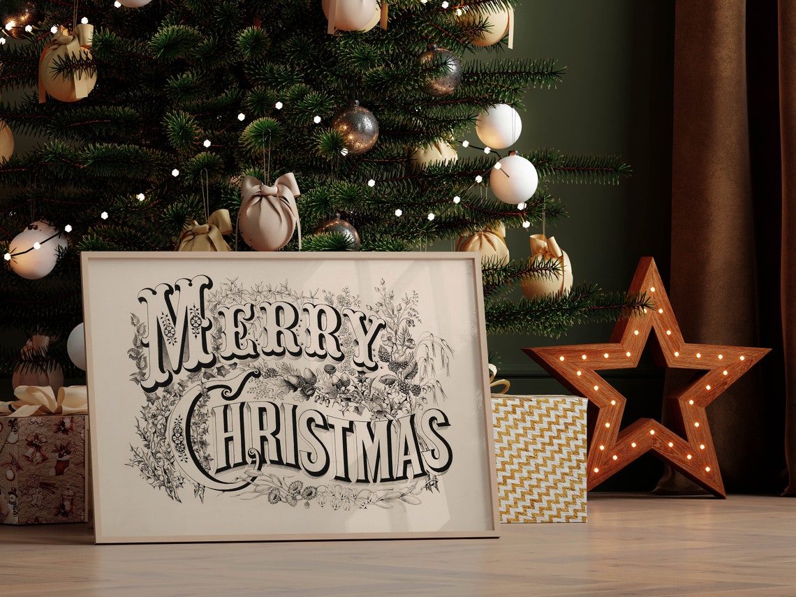 Victorian Merry Christmas Ornamental Typography Vintage Art Poster - Image 2