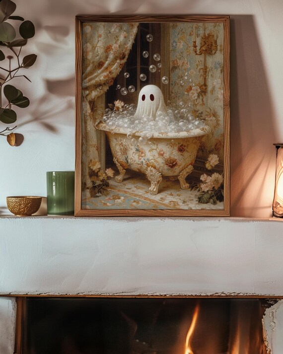 Cute Ghost Bubble Bath Vintage Floral Victorian Halloween Poster