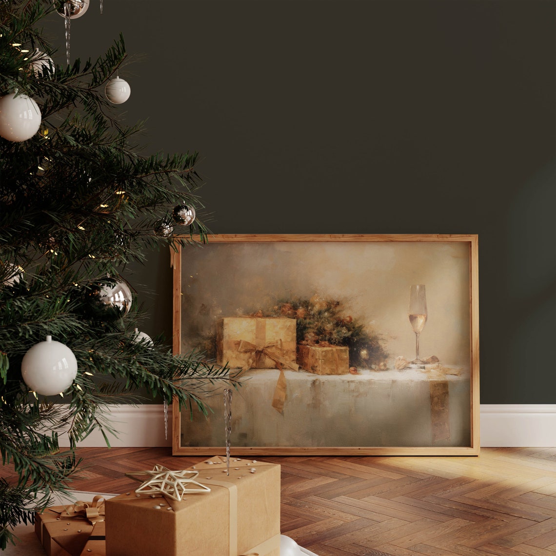 Vintage Christmas Holiday Decor Bar Cart Art Print Bar Cart Wall Art Christmas Painting Christmas Home Decor Oil Painting Prints - Image 2