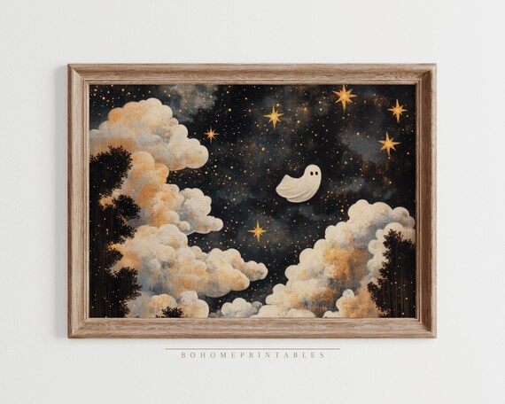 Celestial Wall Art Ghost Print Spooky Decor Cute Ghost Art Print Halloween Painting Cute Halloween Ghost Decoration Whimsical Art Print