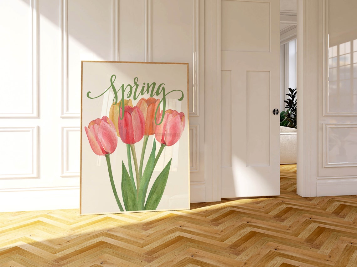 Spring Script Pink Orange Tulips Watercolor Botanical Art Poster - Image 2