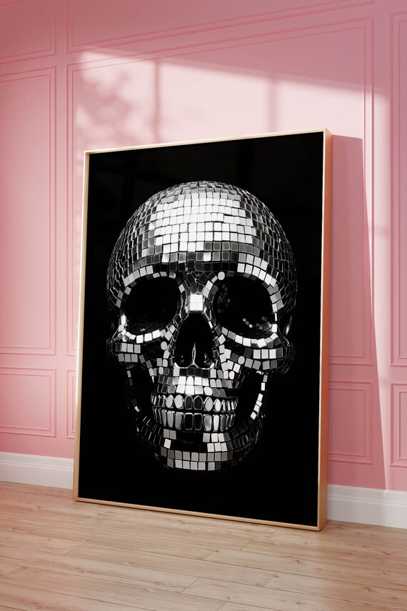 Disco Ball Skull Wall Art Girly Halloween Decor Art Print Groovy Retro Halloween Party Bar Cart Art Cute Funny Halloween Wall Decor Poster