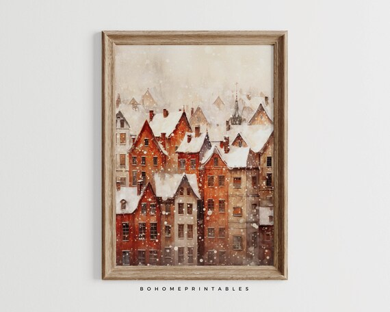 Snowy Red Rooftop Village Watercolor Winter European Christmas Poster